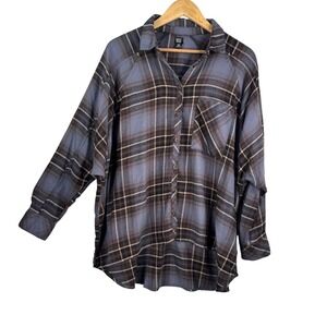 BDG Plaid Button Down Shirt sz S Blue Brown Oversized High Low Flannel 90s